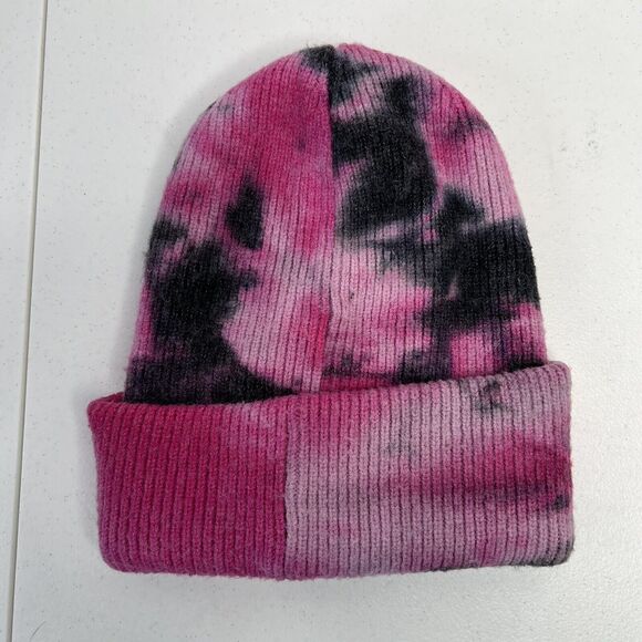 C.C Exclusive Adult Pink Tie Dye Beanie Cuffed Skull Cap Rubber Patch Heavy Knit - Picture 6 of 10